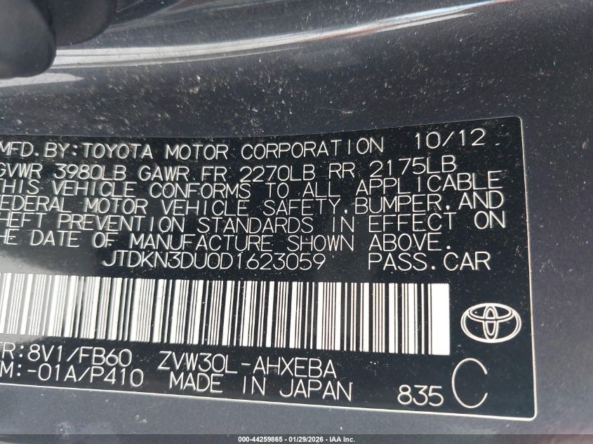 2013 Toyota Prius Three VIN: JTDKN3DU0D1623059 Lot: 44259865
