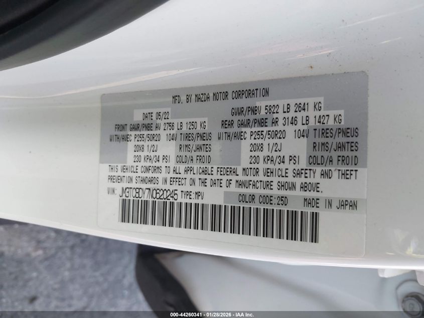 2022 Mazda Cx-9 Grand Touring VIN: JM3TCBDY7N0620245 Lot: 44260341