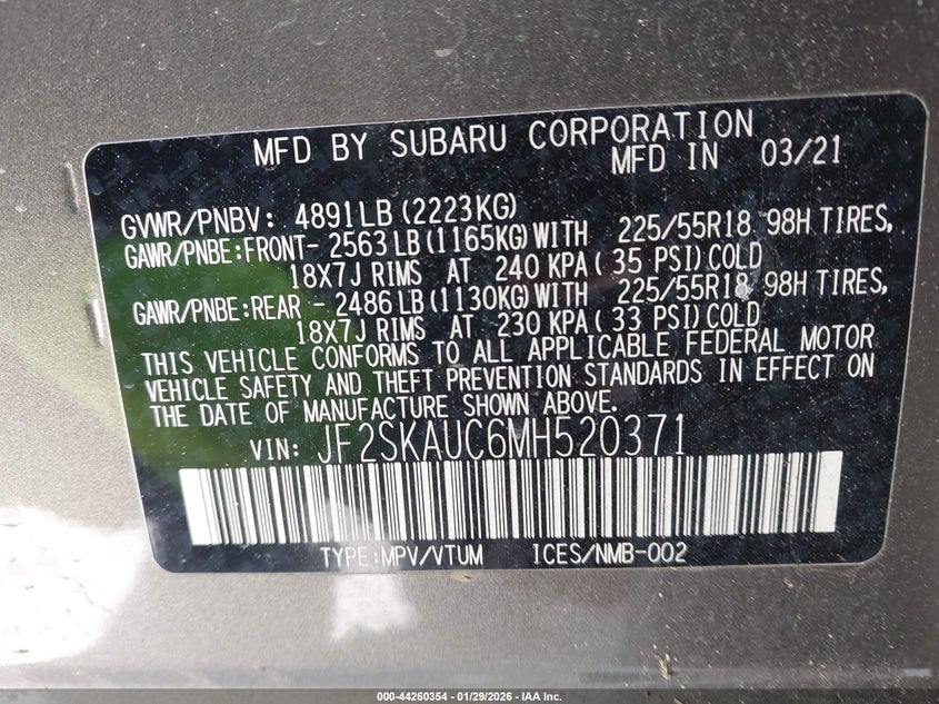 2021 Subaru Forester Limited VIN: JF2SKAUC6MH520371 Lot: 44260354