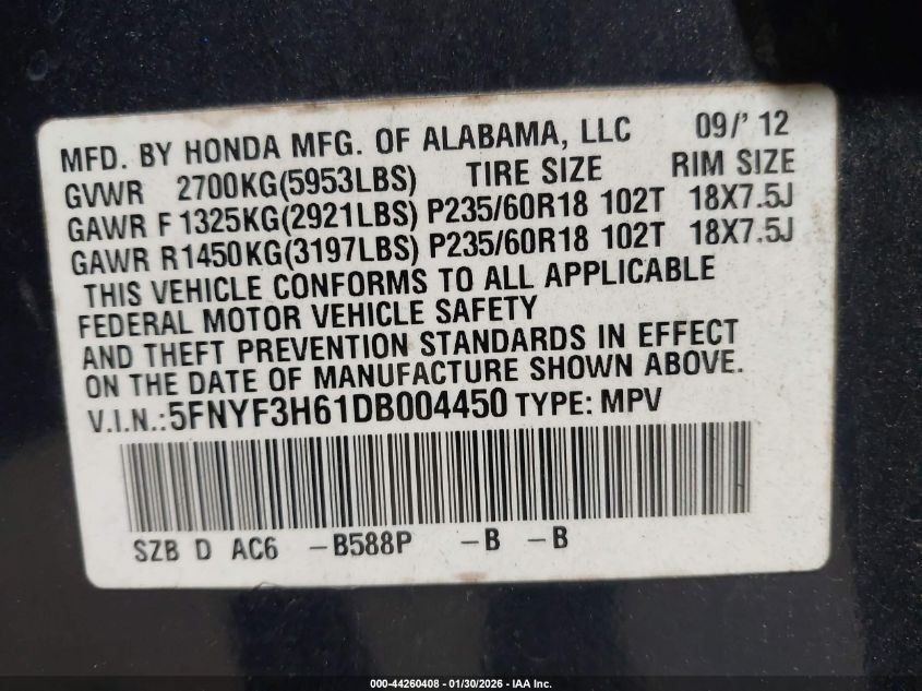 2013 Honda Pilot Ex-L VIN: 5FNYF3H61DB004450 Lot: 44260408