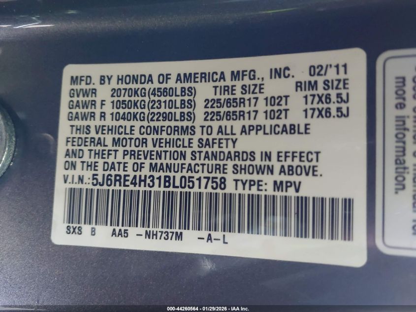 2011 Honda Cr-V Lx VIN: 5J6RE4H31BL051758 Lot: 44260564