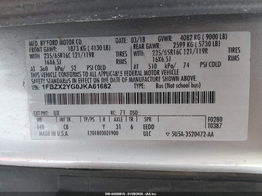 VIN 1FBZX2YG0JKA61682 2018 FORD TRANSIT-350 XLT