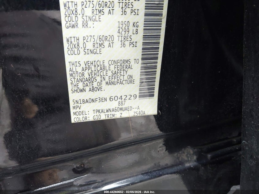 2014 Nissan Armada Platinum VIN: 5N1BA0NF3EN604229 Lot: 44260652