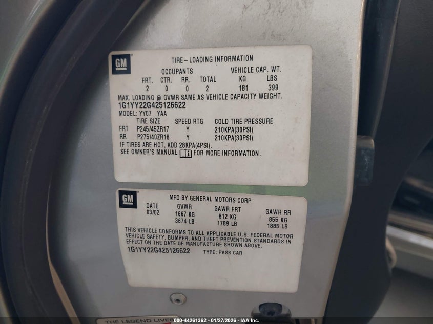 2002 Chevrolet Corvette VIN: 1G1YY22G425126622 Lot: 44261362