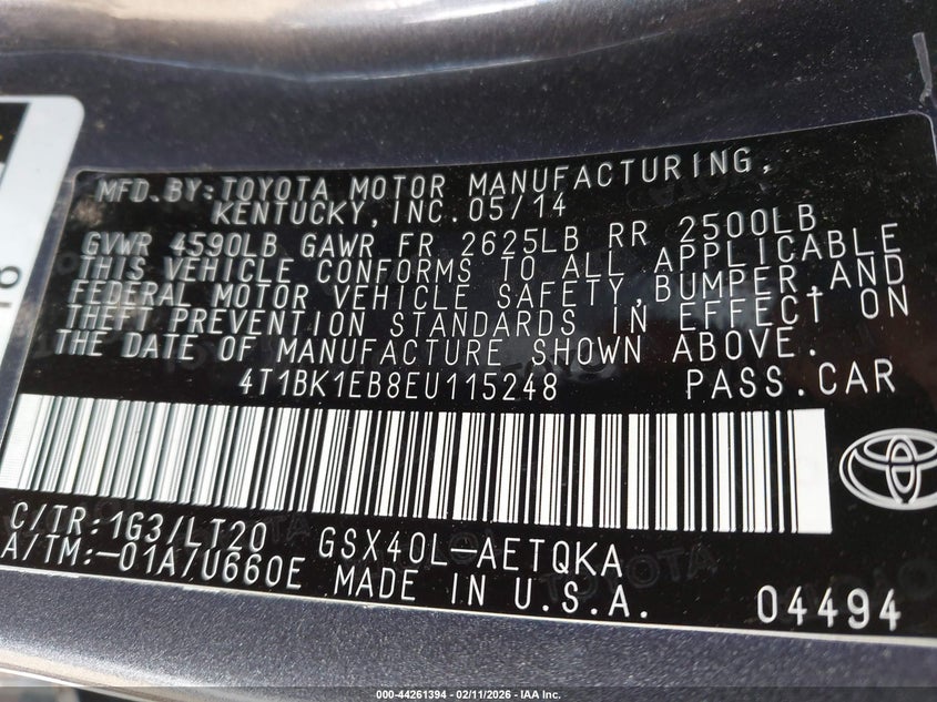 2014 Toyota Avalon Xle Touring VIN: 4T1BK1EB8EU115248 Lot: 44261394