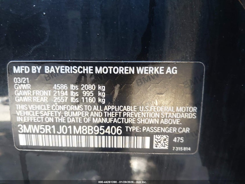 2021 BMW 330I VIN: 3MW5R1J01M8B95406 Lot: 44261398