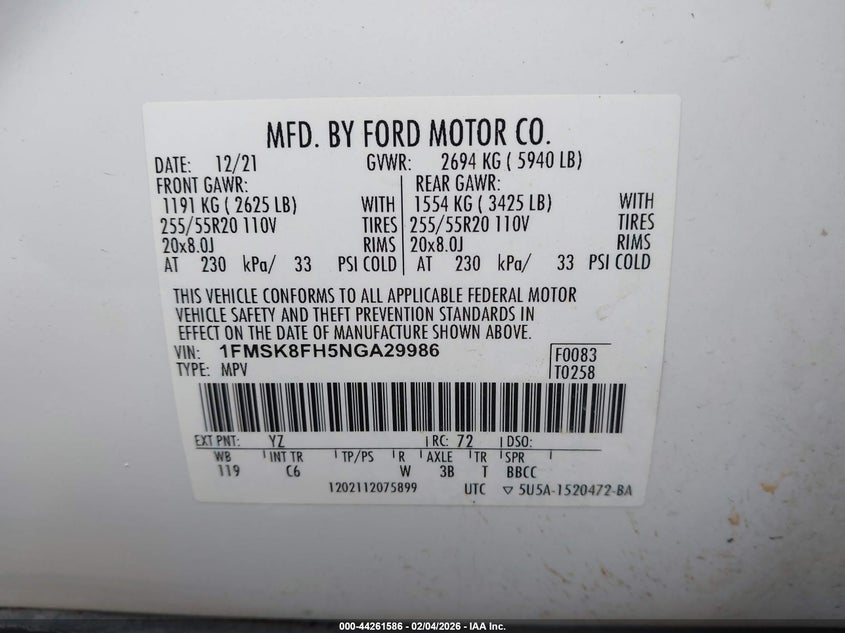 2022 Ford Explorer 2.3 Limited white Lot 111044261586 Vin 1FMSK8FH5NGA29986