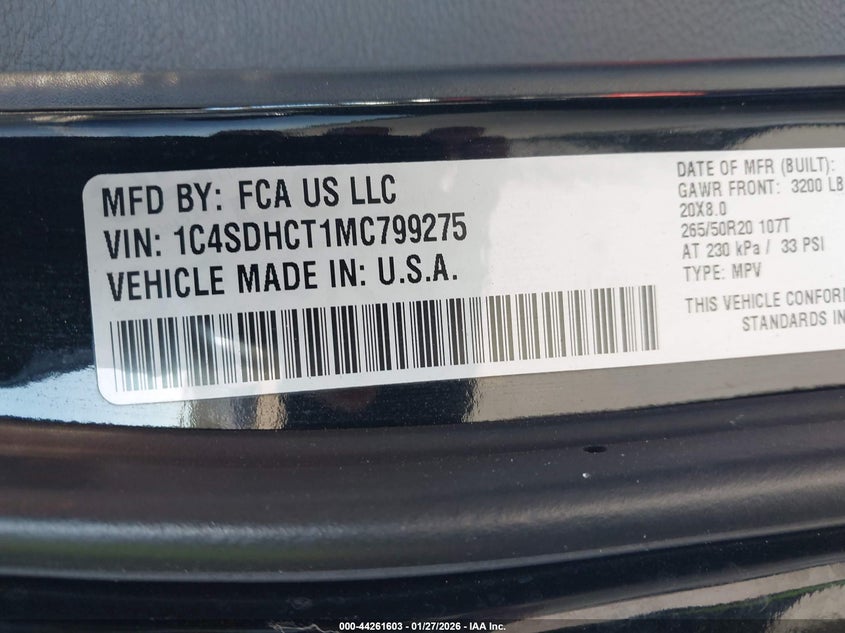 2021 Dodge Durango R/T Rwd VIN: 1C4SDHCT1MC799275 Lot: 44261603