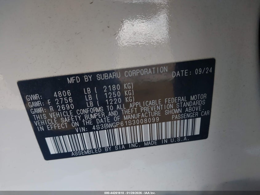 VIN 4S3BWGP61S3008099 2025 SUBARU LEGACY TOURING XT