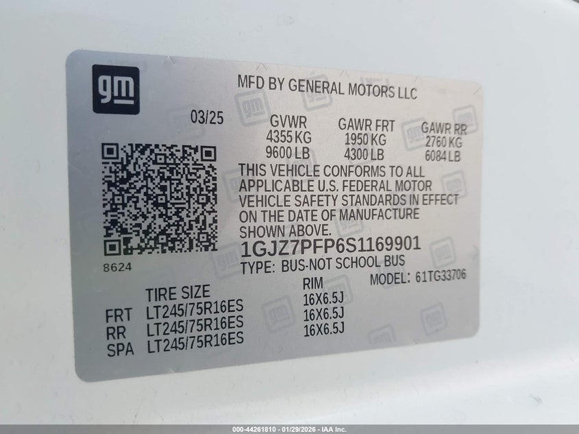 2025 GMC Savana Passenger Rwd 3500 Extended Wheelbase Lt VIN: 1GJZ7PFP6S1169901 Lot: 44261810