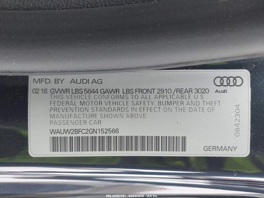 2016 Audi S7 4.0T VIN: WAUW2BFC2GN152566 Lot: 44262191