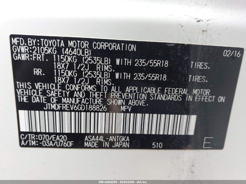 2016 Toyota Rav4 Limited VIN: JTMDFREV6GD188826 Lot: 44262255