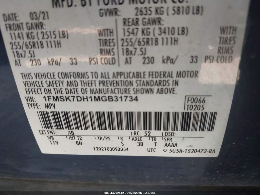 2021 Ford Explorer Xlt VIN: 1FMSK7DH1MGB31734 Lot: 44262542