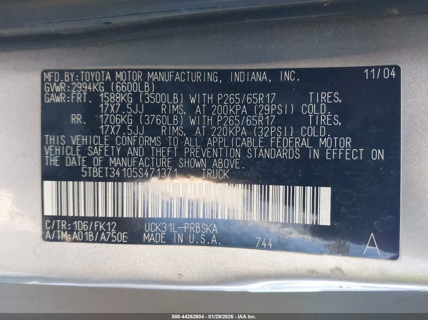 2005 Toyota Tundra Sr5 V8 VIN: 5TBET34105S471371 Lot: 44262604