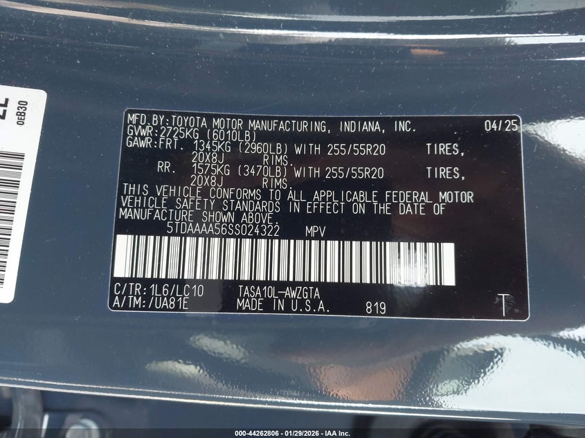 VIN 5TDAAAA56SS024322 2025 TOYOTA GRAND HIGHLANDER LIMITED
