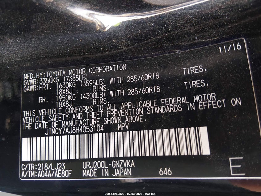 2017 Toyota Land Cruiser V8 VIN: JTMCY7AJ8H4053104 Lot: 44262829