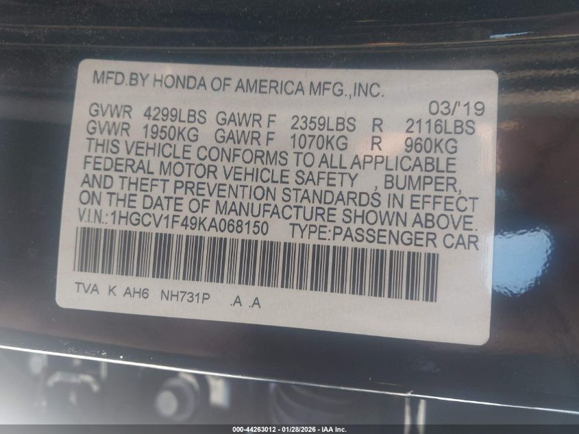 2019 Honda Accord Ex VIN: 1HGCV1F49KA068150 Lot: 44263012