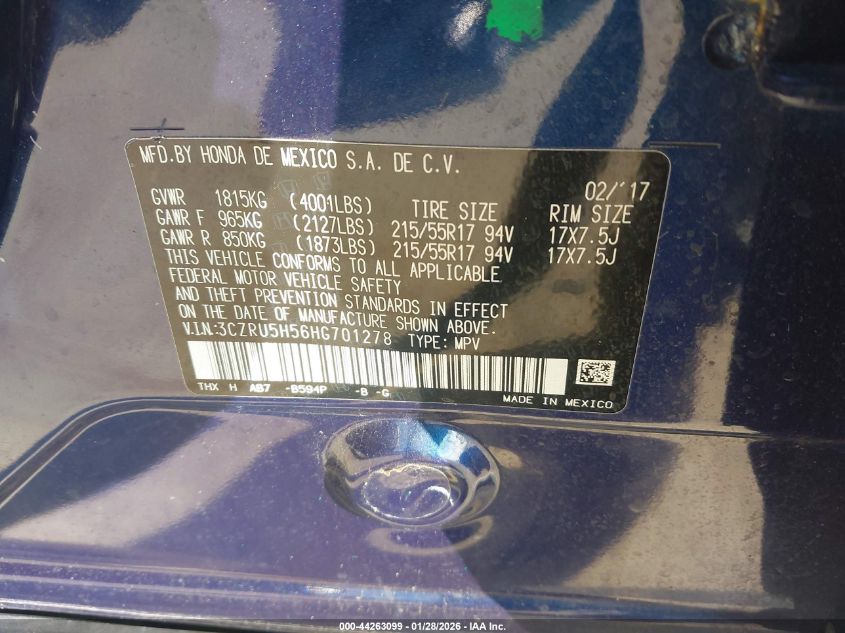 2017 Honda Hr-V Ex VIN: 3CZRU5H56HG701278 Lot: 44263099