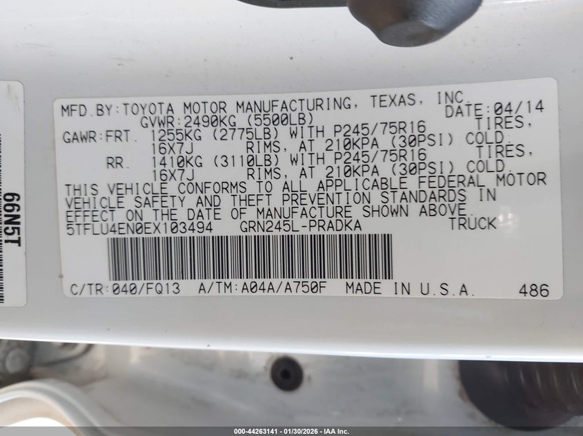 2014 Toyota Tacoma Base V6 VIN: 5TFLU4EN0EX103494 Lot: 44263141