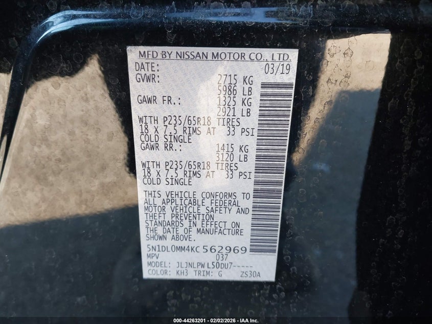 2019 Infiniti Qx60 Pure VIN: 5N1DL0MM4KC562969 Lot: 44263201