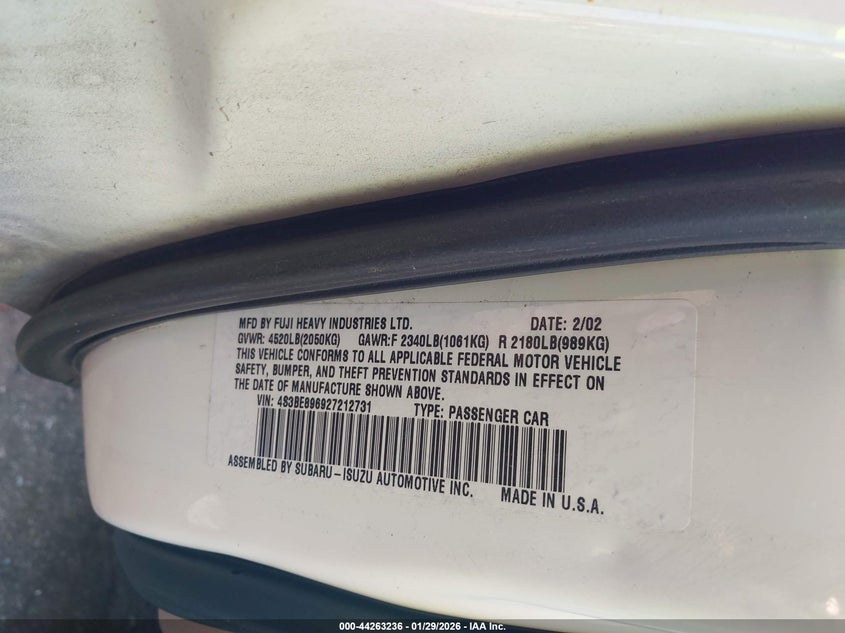 2002 Subaru Outback H6-3.0/H6-3.0 Vdc VIN: 4S3BE896927212731 Lot: 44263236