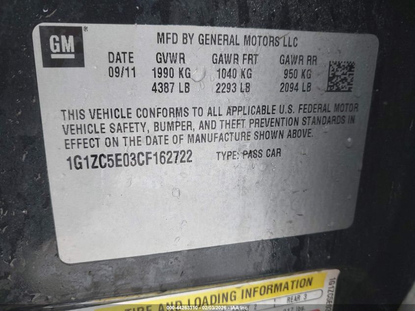 2012 Chevrolet Malibu 1Lt VIN: 1G1ZC5E03CF162722 Lot: 44263310