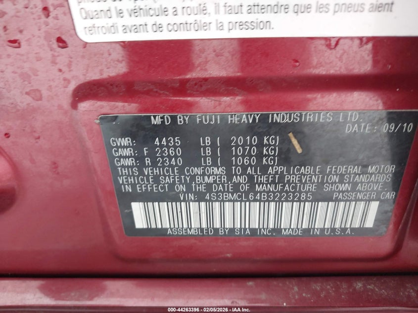 2011 Subaru Legacy 2.5I Limited VIN: 4S3BMCL64B3223285 Lot: 44263396