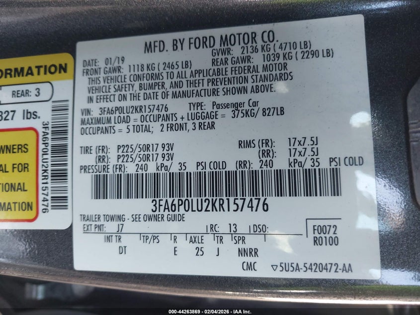 2019 Ford Fusion 2.0 Hybrid Se grey Lot 111044263869 Vin 3FA6P0LU2KR157476