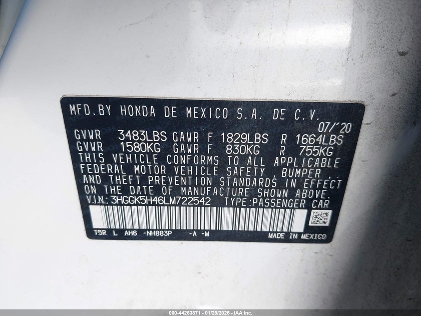 VIN 3HGGK5H46LM722542 2020 HONDA FIT LX