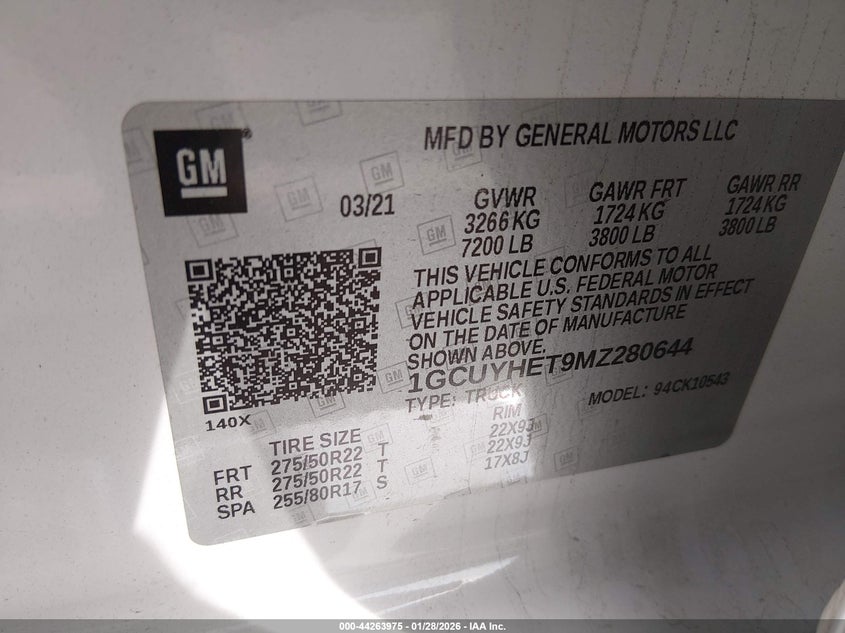 2021 CHEVROLET SILVERADO 1500 3.0L I-6 DI, DOHC, V(VIN: 1GCUYHET9MZ280644