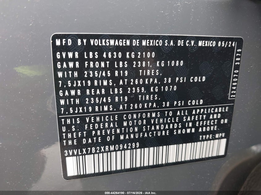 2024 Volkswagen Taos 1.5T Se Black VIN: 3VVLX7B2XRM094299 Lot: 44264190