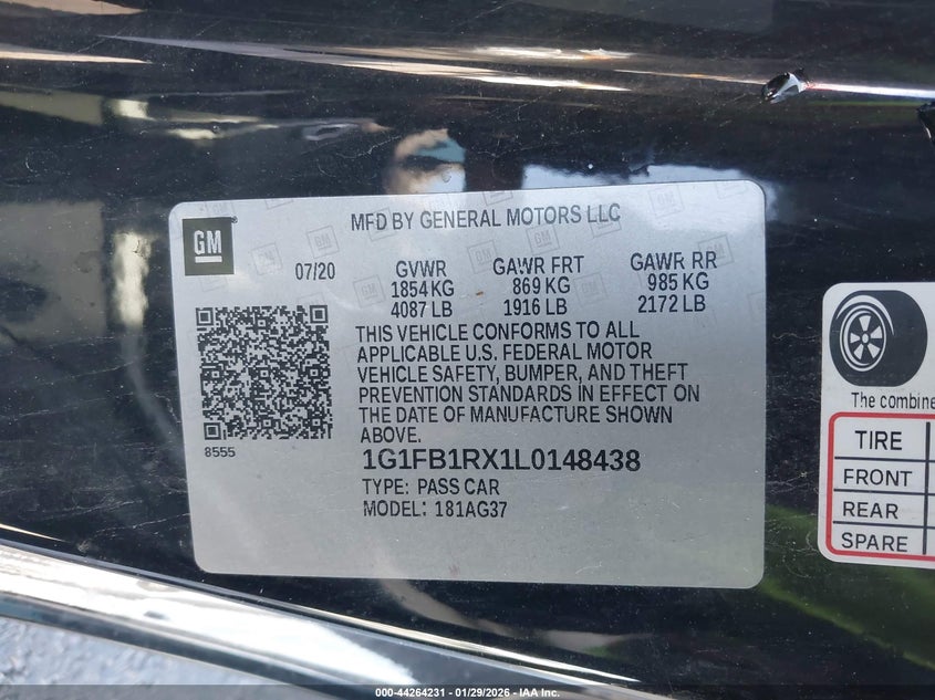 2020 Chevrolet Camaro Rwd 1Ls VIN: 1G1FB1RX1L0148438 Lot: 44264231