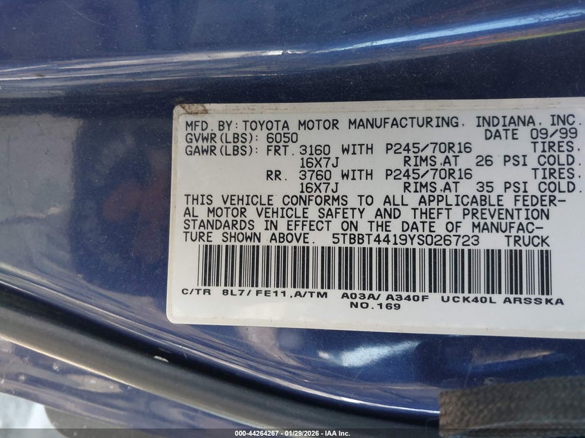 2000 Toyota Tundra Sr5 V8 VIN: 5TBBT4419YS026723 Lot: 44264267