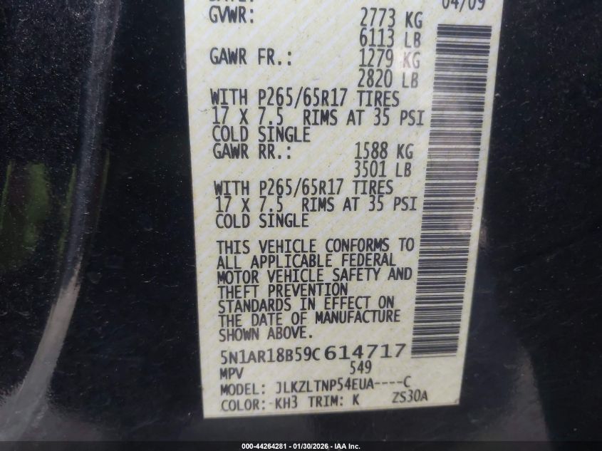 2009 Nissan Pathfinder Se VIN: 5N1AR18B59C614717 Lot: 44264281