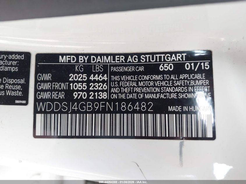 2015 Mercedes-Benz Cla 250 4Matic VIN: WDDSJ4GB9FN186482 Lot: 44264388