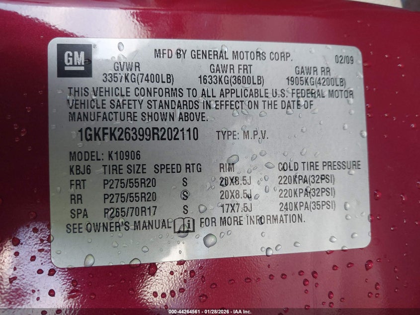 2009 GMC Yukon Xl 1500 Sle2 VIN: 1GKFK26399R202110 Lot: 44264561