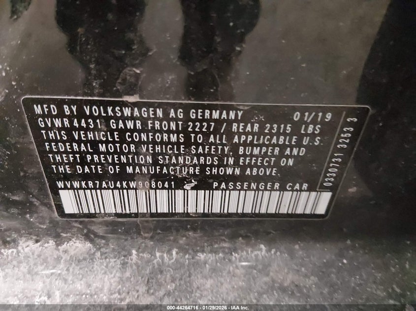 2019 Volkswagen E-Golf Se VIN: WVWKR7AU4KW908041 Lot: 44264716