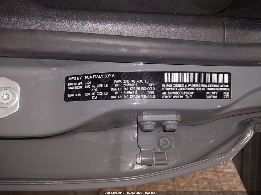 2020 Jeep Renegade Latitude 4X4 VIN: ZACNJBBB5LPL89811 Lot: 44265019