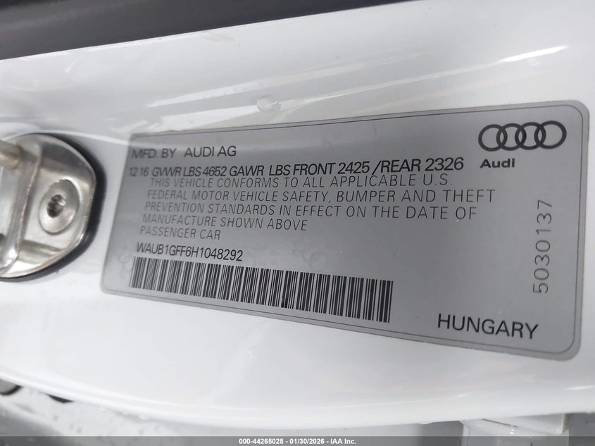 2017 Audi S3 2.0T Premium Plus VIN: WAUB1GFF6H1048292 Lot: 44265028