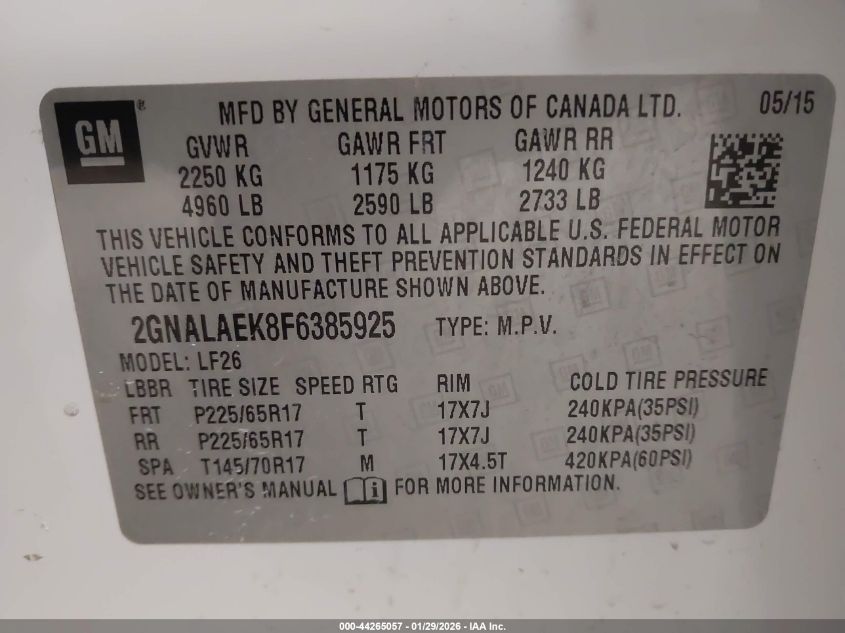 2015 Chevrolet Equinox Ls VIN: 2GNALAEK8F6385925 Lot: 44265057