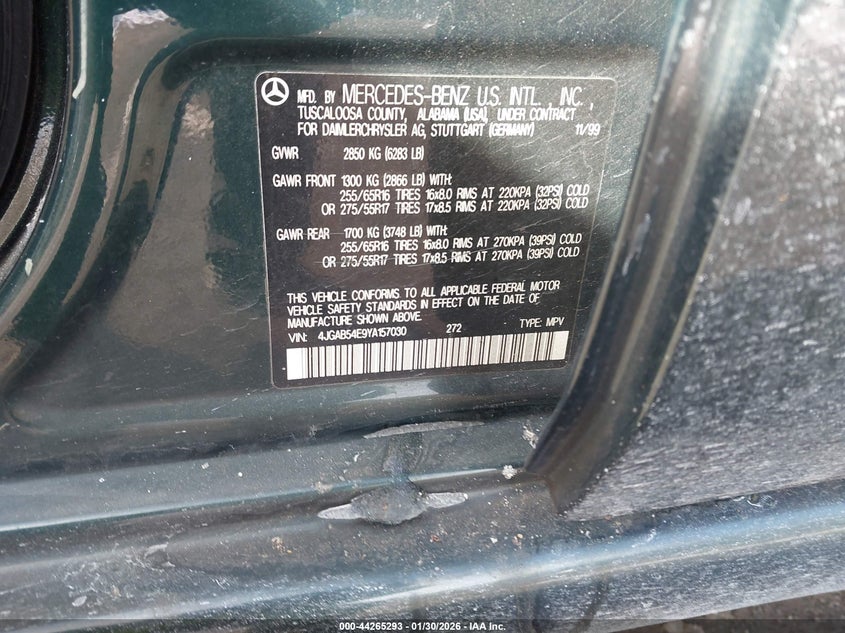 2000 Mercedes-Benz Ml 320 VIN: 4JGAB54E9YA157030 Lot: 44265293