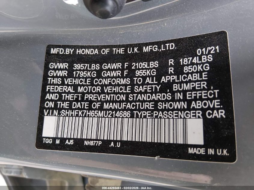 2021 Honda Civic Ex VIN: SHHFK7H65MU214686 Lot: 44265463