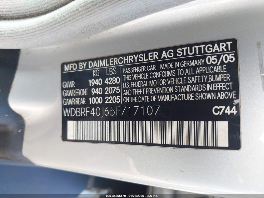 2005 Mercedes-Benz C 230 Kompressor Sport VIN: WDBRF40J65F717107 Lot: 44265479