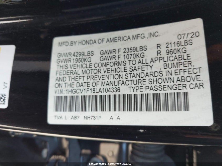 VIN 1HGCV1F18LA104336 2020 HONDA ACCORD LX