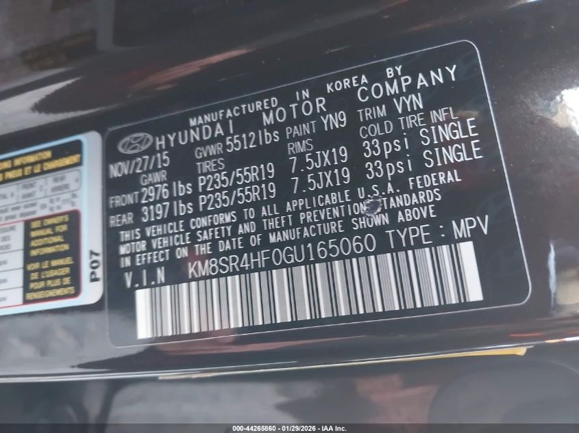 2016 Hyundai Santa Fe Limited VIN: KM8SR4HF0GU165060 Lot: 44265860