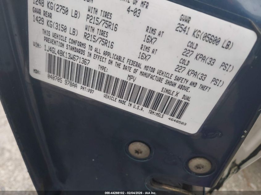 2003 Jeep Liberty Sport VIN: 1J4GL48K13W671367 Lot: 44266102