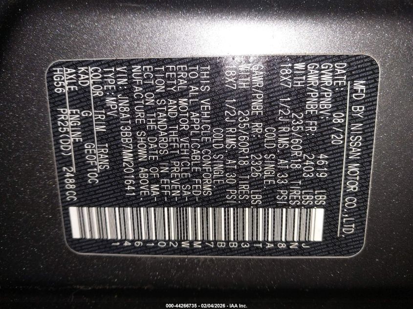 2021 Nissan Rogue Sv Intelligent Awd VIN: JN8AT3BB7MW201641 Lot: 44266735