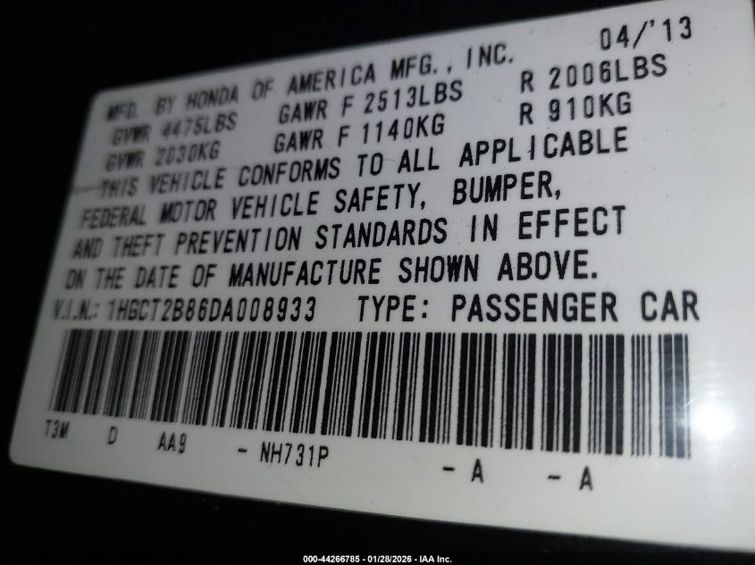 2013 Honda Accord Ex-L V-6 VIN: 1HGCT2B86DA008933 Lot: 44266785
