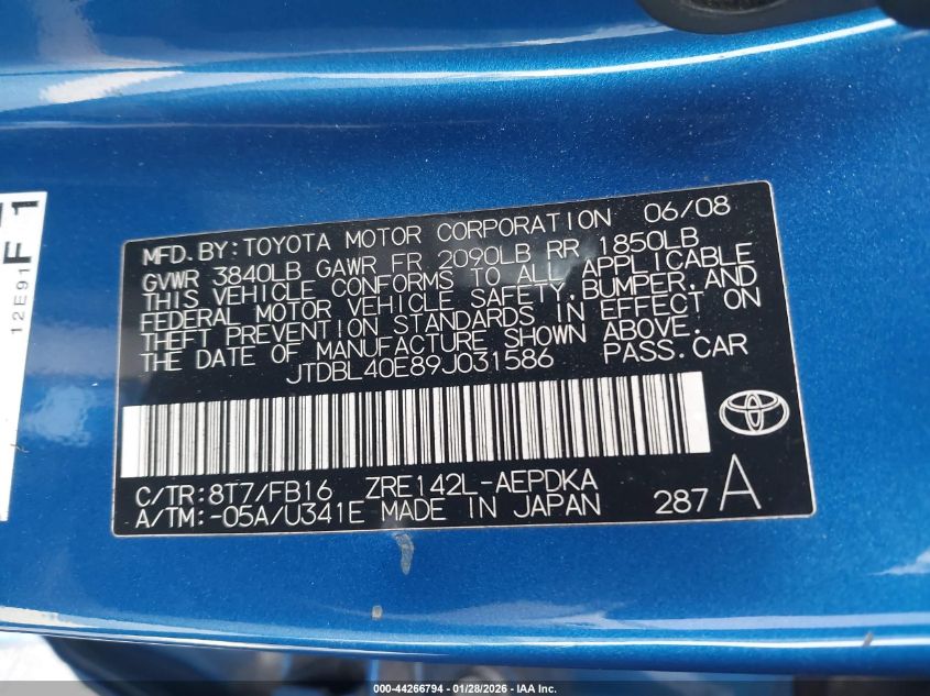 2009 Toyota Corolla Le VIN: JTDBL40E89J031586 Lot: 44266794