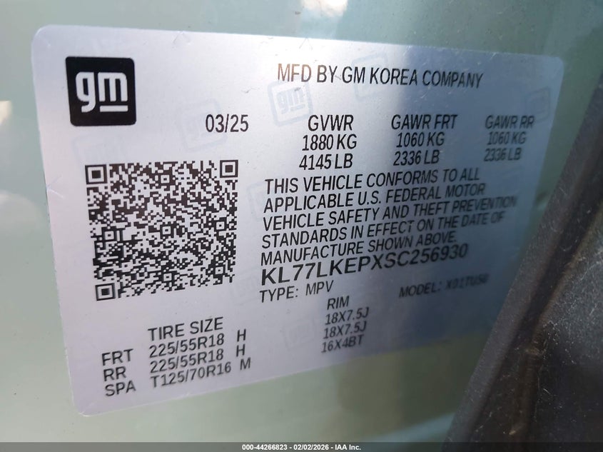 VIN KL77LKEPXSC256930 2025 CHEVROLET TRAX FWD ACTIV